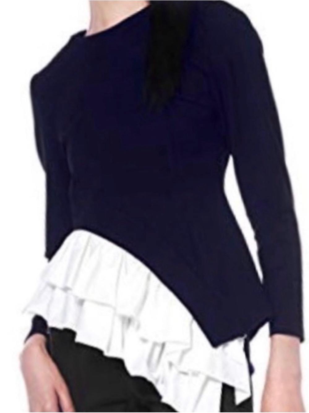 Gracia Navy Blue Asymmetrical Mixed Media‎ Ruffle Top Size S